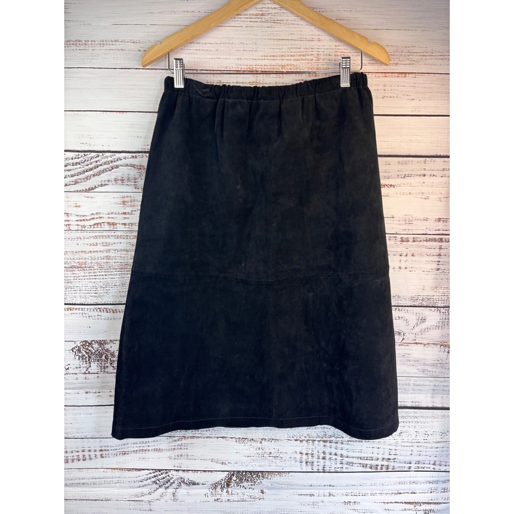 Vintage 90s‎ Black Suede Leather Skirt S Elastic Waist A-Line Knee Length Witchy